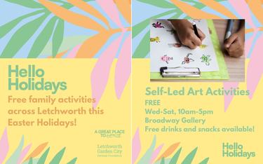 A screenshot from our Hello Holidays social media campaign, reading "Hello Holidays: Free family activities across Letchworth this Easter holidays!"