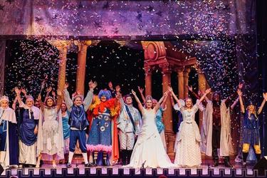 The cast of Letchworth's pantomime take their bows on stage at Broadway Theatre.