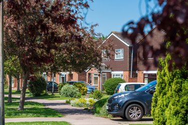 A row of Letchworth houses, with front gardens and trees